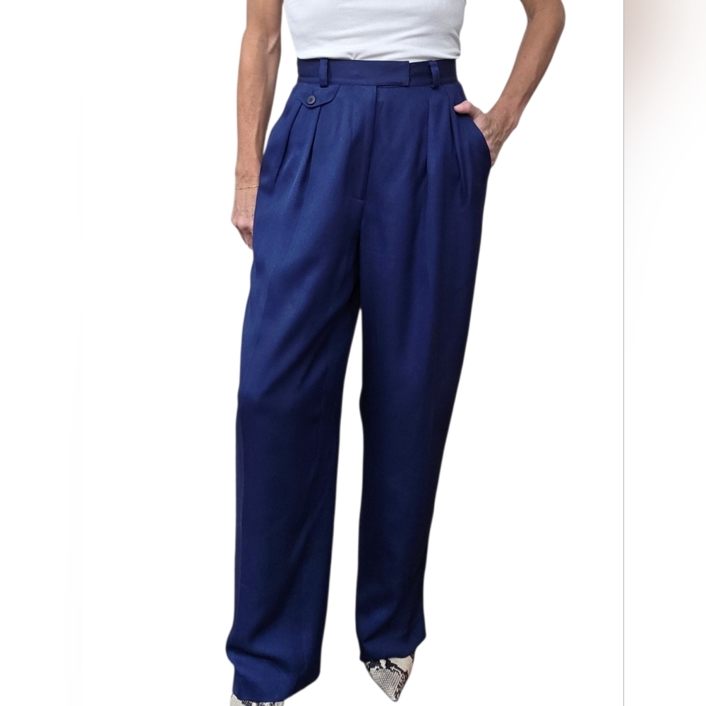 Vintage 90s Via Seta Silk Wool Pleated High Waist Trousers Navy 6